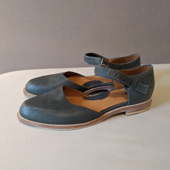 Blue leather John Fluevog flats, retro summer sandals, designer Mary Jane shoes - Picture 2 of 15